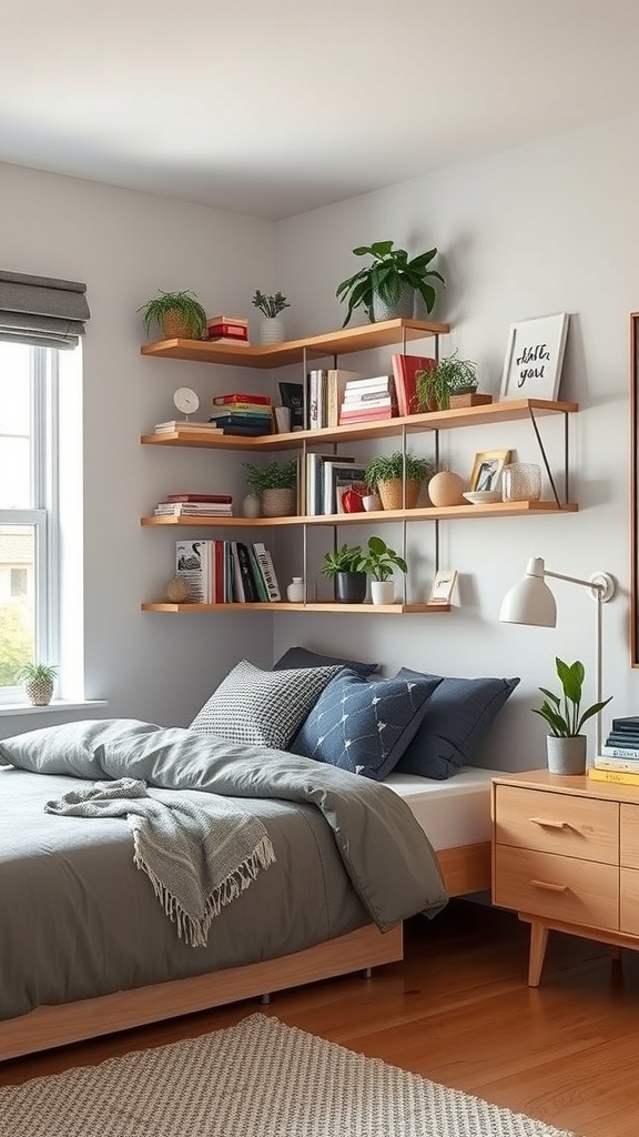 A cozy bedroom with wooden shelves displaying books and plants, featuring a neatly made bed and a warm color palette.