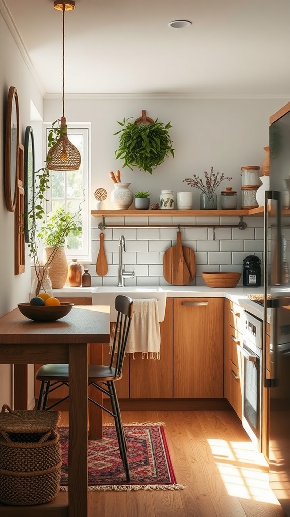 A cozy boho kitchen with wooden cabinets, a dining table, and hanging plants.