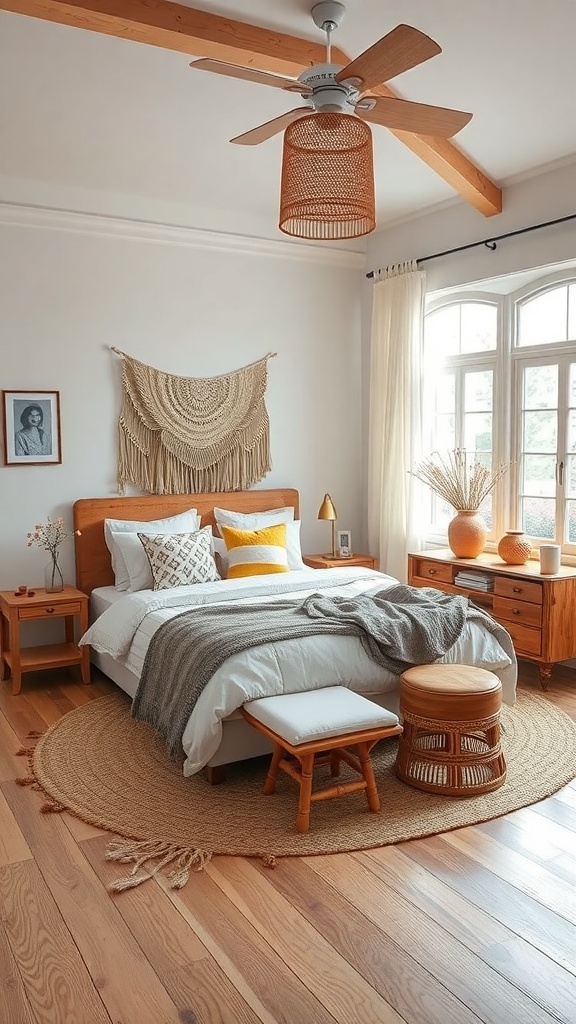 A cozy bohemian bedroom featuring a bed with colorful pillows, wooden furniture, and a round rug.