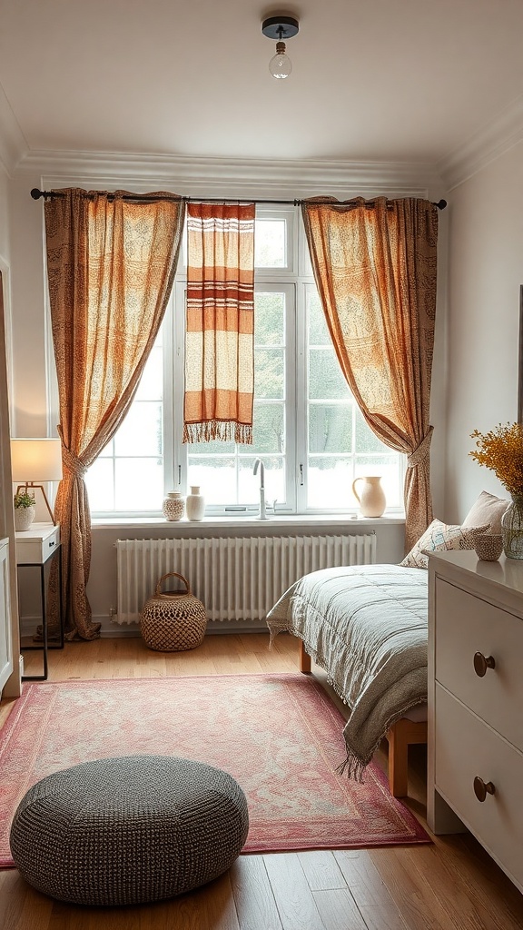 A cozy room with warm-toned curtains, showcasing creative textile use in kitchen decor.