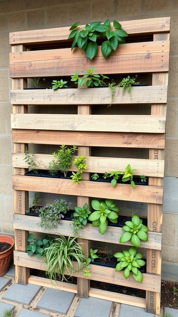 Vertical wooden pallet garden with various plants