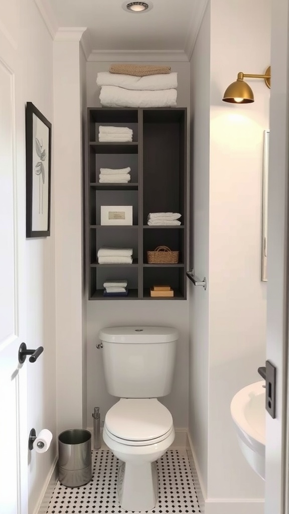 Small bathroom with vertical shelving and towels