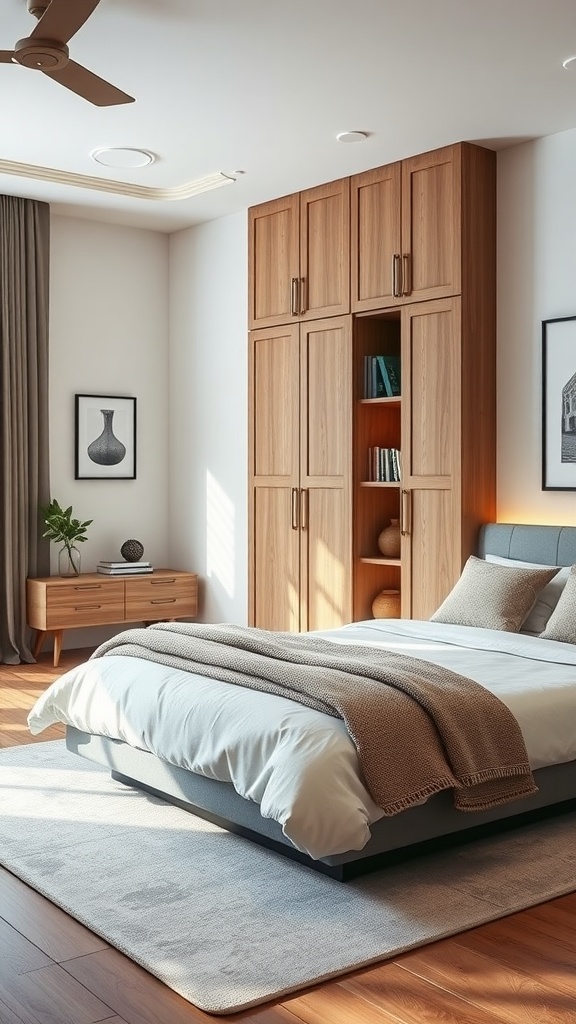 A bedroom with tall wooden cabinets for storage, a bed with a light blanket, and a small table with a plant.