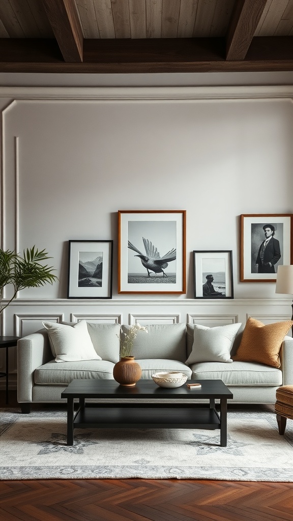 Stylish living room with wainscoting and framed artwork on the wall.