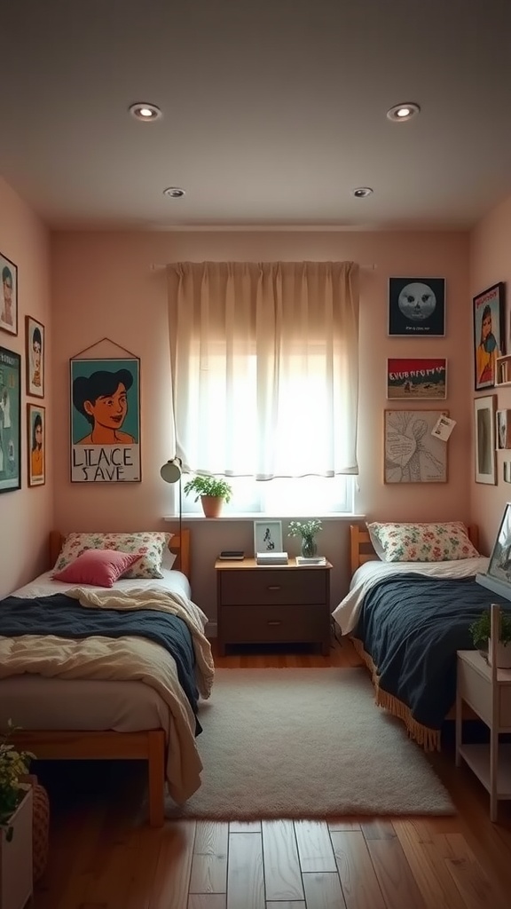 Shared bedroom with twin beds and colorful wall art.