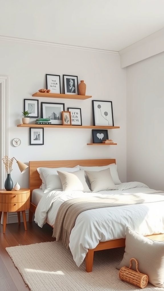 A small bedroom featuring a bed with light bedding, wooden shelves on the wall displaying framed pictures and decorative items, and a cozy atmosphere.