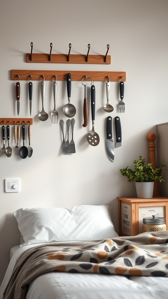 A wall-mounted rack displaying various kitchen utensils in a cozy apartment setting.