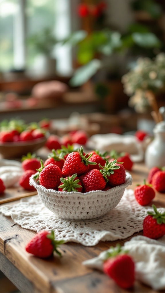 A bowl filled with crochet strawberries on a wooden table with plants and decor in the background.