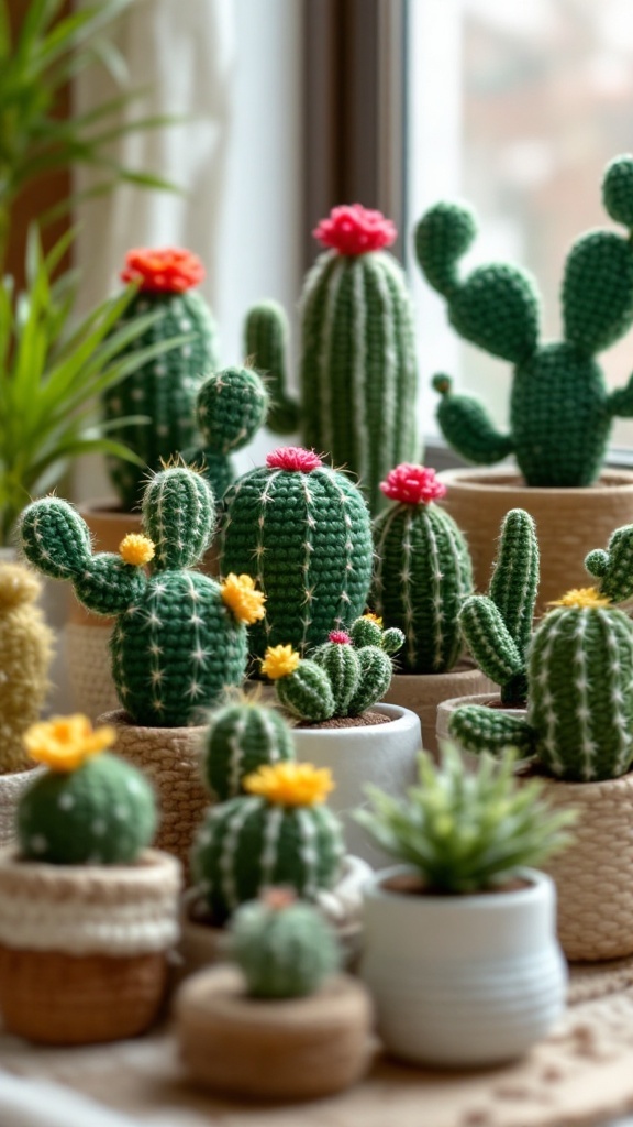 A collection of crocheted cactus plants in various shapes and sizes, featuring colorful flowers on top.