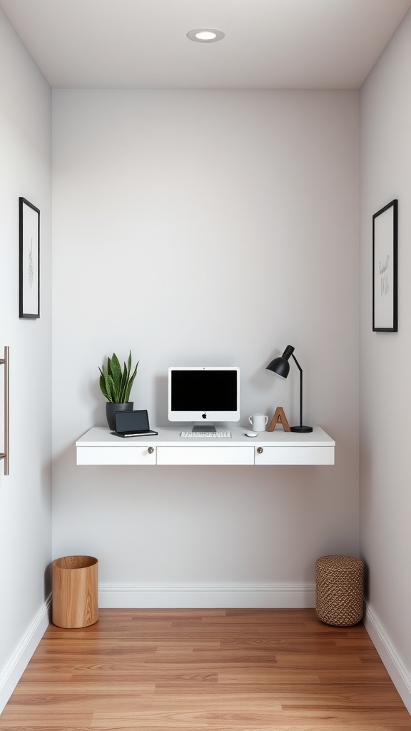 A wall-mounted desk in a small room with a computer, lamp, and plant.