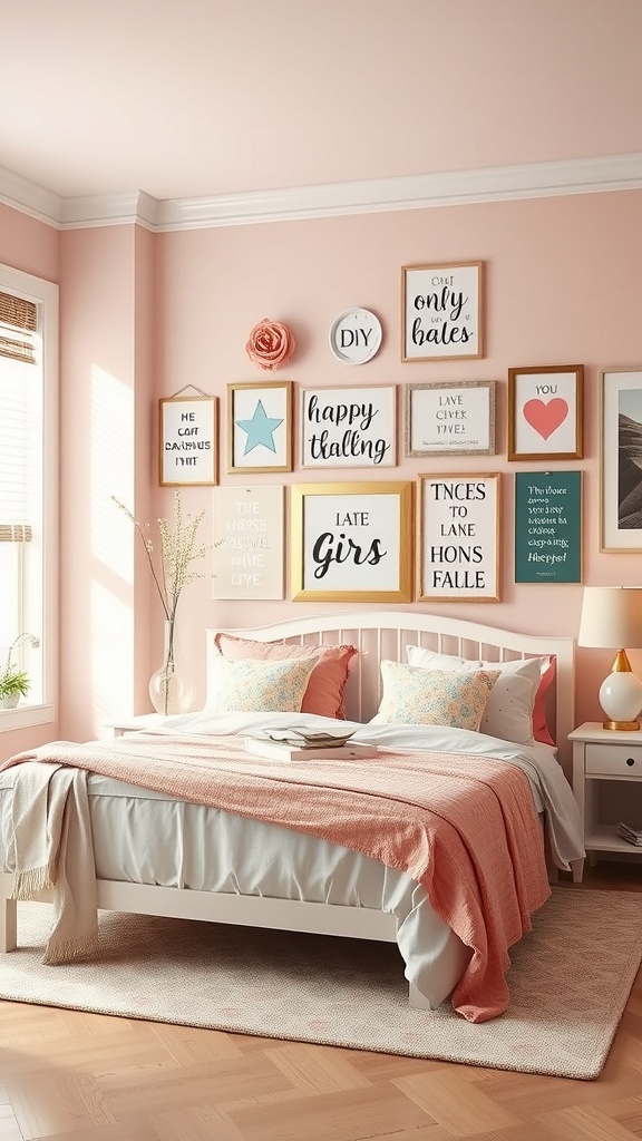 A girly room with creative wall art featuring framed quotes and designs on a pink wall.