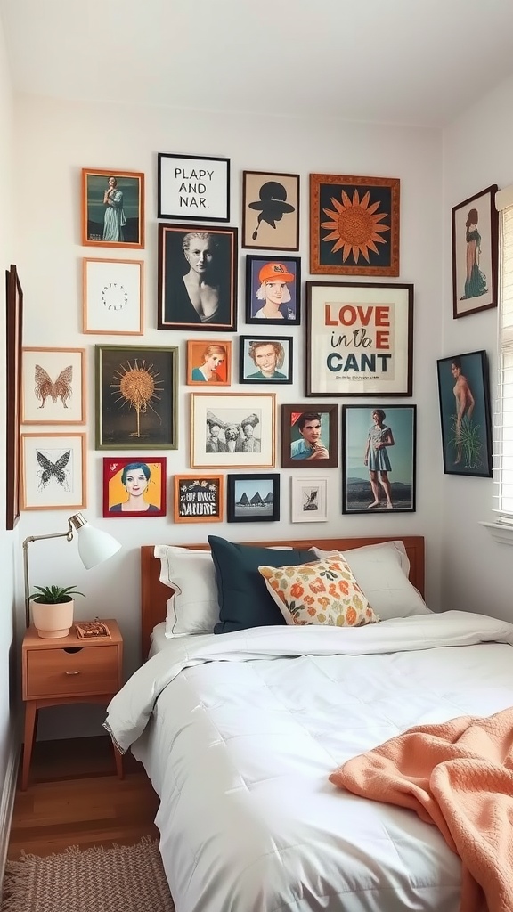 A small bedroom featuring a creative wall art arrangement with various framed artworks above the bed.