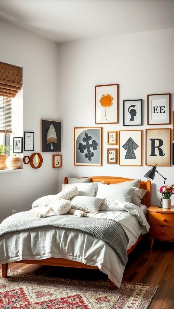 L-shaped bedroom with a creative wall art arrangement featuring various framed artworks.