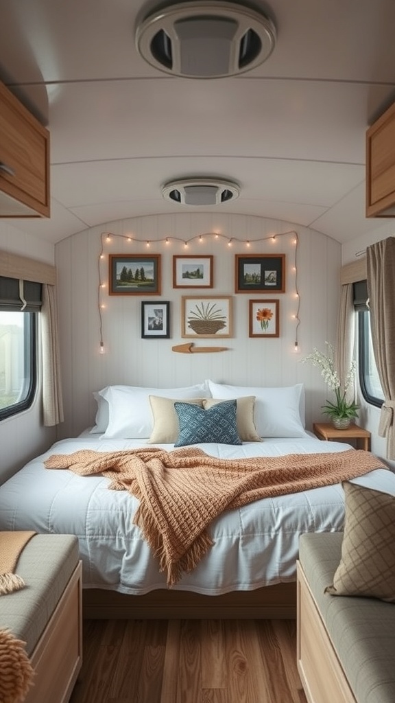 Cozy RV bedroom with framed wall art and string lights