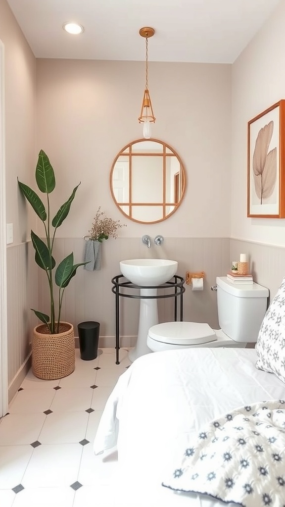 A stylish powder bathroom featuring a round mirror, framed wall art, and a green plant.
