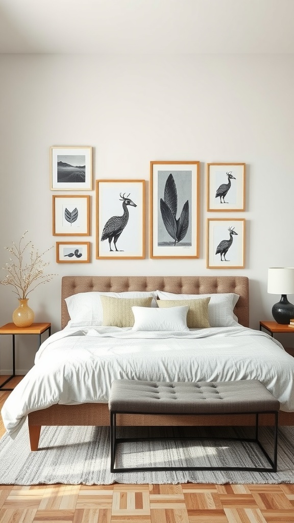 A stylish bedroom featuring a gallery wall with framed black and white art pieces, complemented by a cozy bed and natural decor.