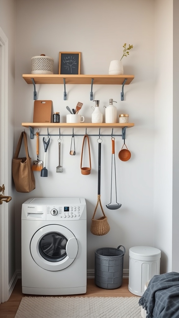 A small laundry room featuring wall hooks and racks for organization.