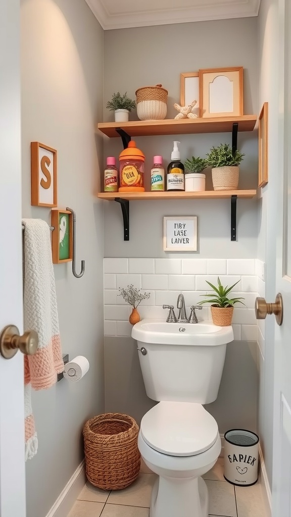 A small bathroom with wooden wall shelves holding plants and colorful bottles.