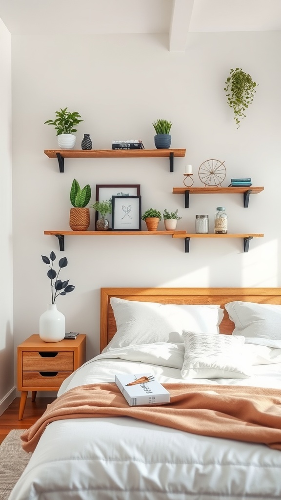 A cozy bedroom with creative wall shelves displaying plants and decorative items.