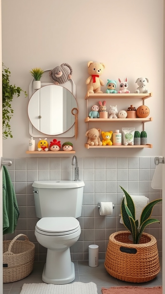 A cozy kid's bathroom featuring creative wall shelving with plush toys and a round mirror.