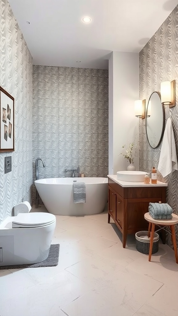 A stylish basement bathroom featuring patterned wallpaper, a modern bathtub, and a wooden vanity.