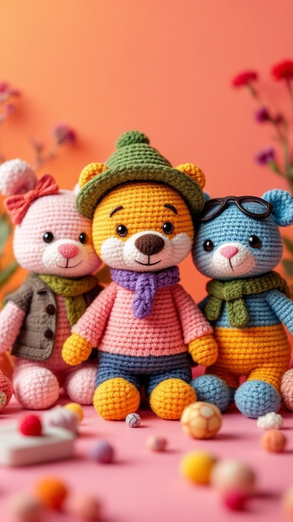 A colorful trio of crochet plushies: a bear, a bunny, and a blue character, each with unique features and outfits.