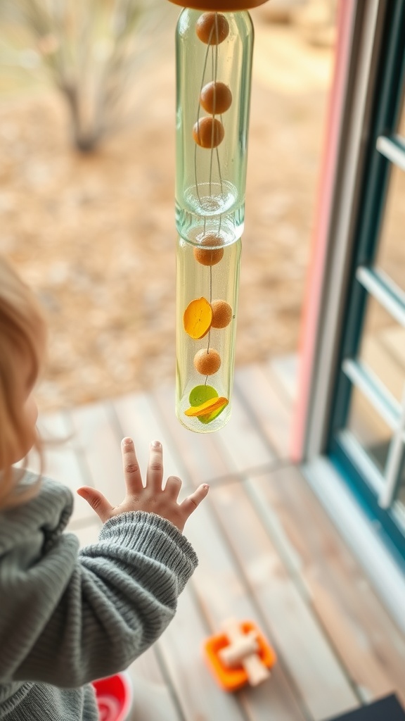 A child reaching for a colorful wind chime made from glass bottles, with beads and slices hanging inside.