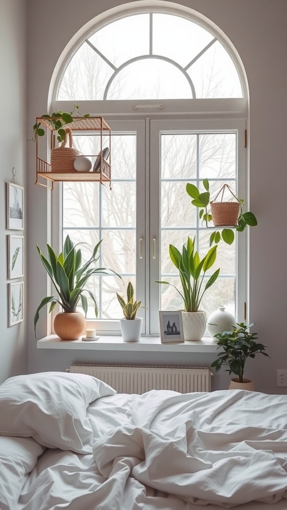 A cozy bedroom window with creative shelving, featuring plants and decorative items, with a soft bed in the foreground.