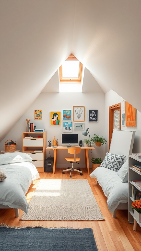 A cozy loft bedroom featuring a creative workspace corner with a desk, computer, and colorful artwork on the walls.