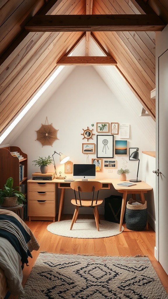A cozy attic workspace with a wooden desk, comfortable chair, plants, and framed art on the walls.