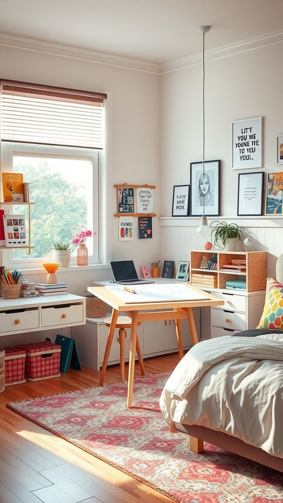A stylish teen bedroom workspace with a wooden desk, bright rug, and inspirational art on the walls.