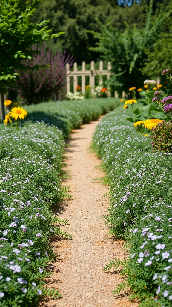A garden path lined with creeping thyme and colorful flowers.