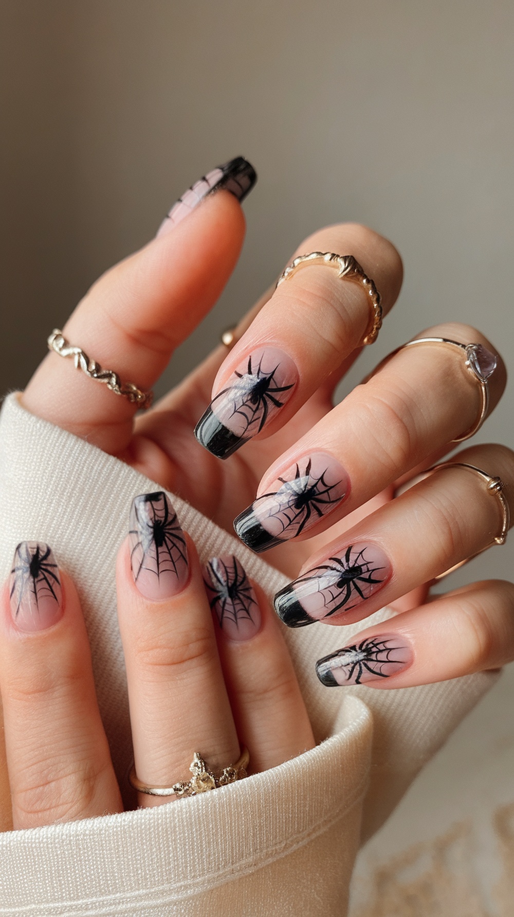 Nails with spider web designs and black tips