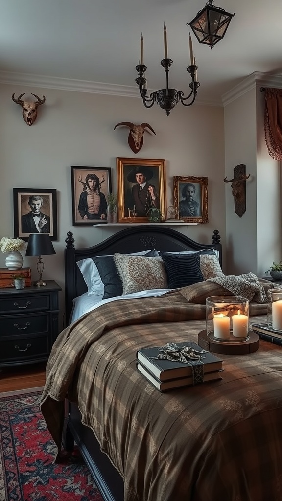 A goth bedroom featuring dark decor, portraits, and candles.