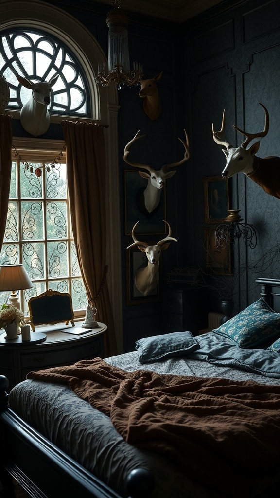 A goth bedroom featuring taxidermy displays on the walls, moody lighting, and cozy bedding.