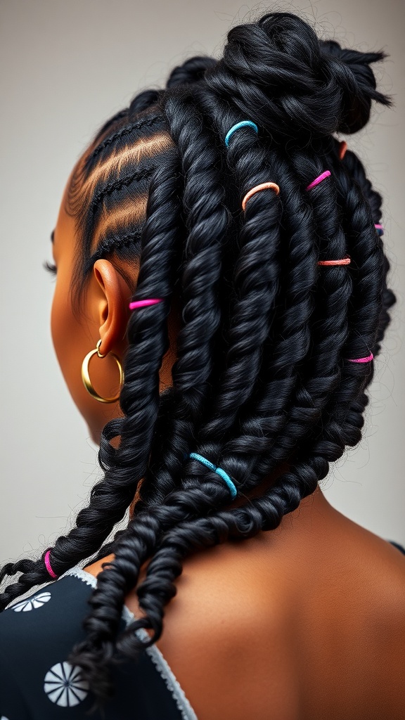 A stylish hairstyle featuring crimped hair twisted with colorful hair ties.