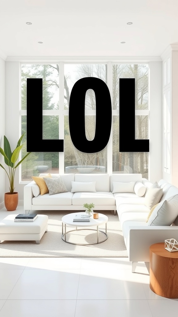 A bright white living room featuring a minimalist design with large windows, a sectional sofa, and a plant.