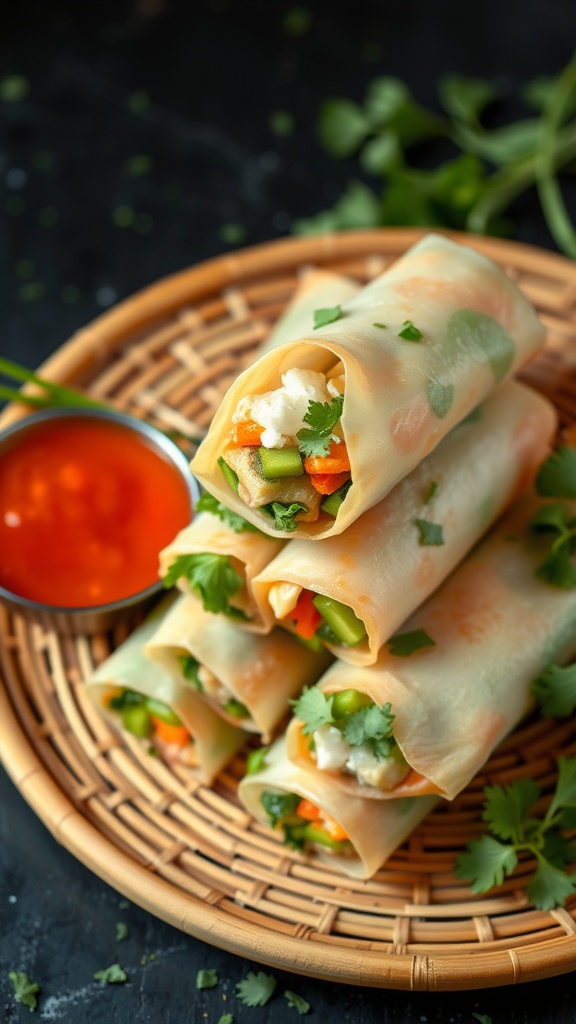 A plate of crispy vegetable spring rolls served with a dipping sauce