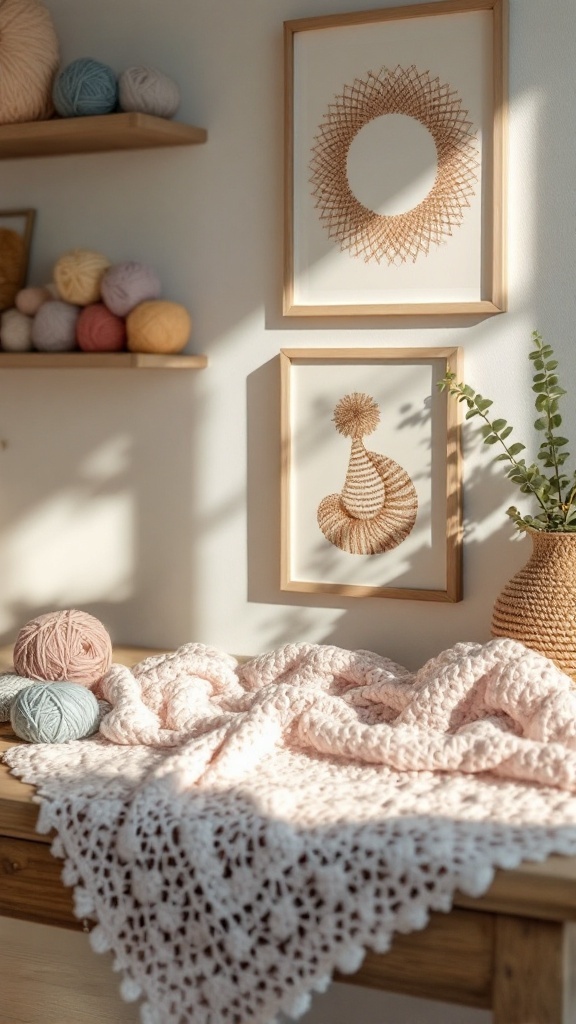 Cozy nursery decor featuring crochet art on the wall and a soft pink crochet blanket on a table.