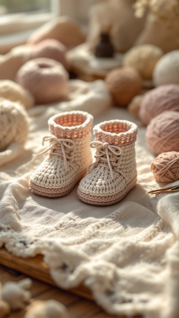 Crochet baby booties on a soft cloth with yarn balls in the background