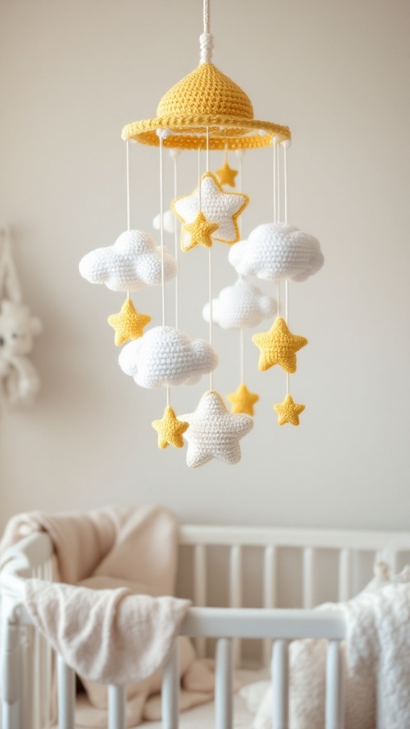 A crochet baby mobile with clouds and stars hanging over a crib.