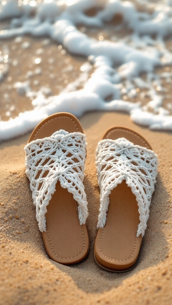 Crochet sandals on the beach sand with waves in the background