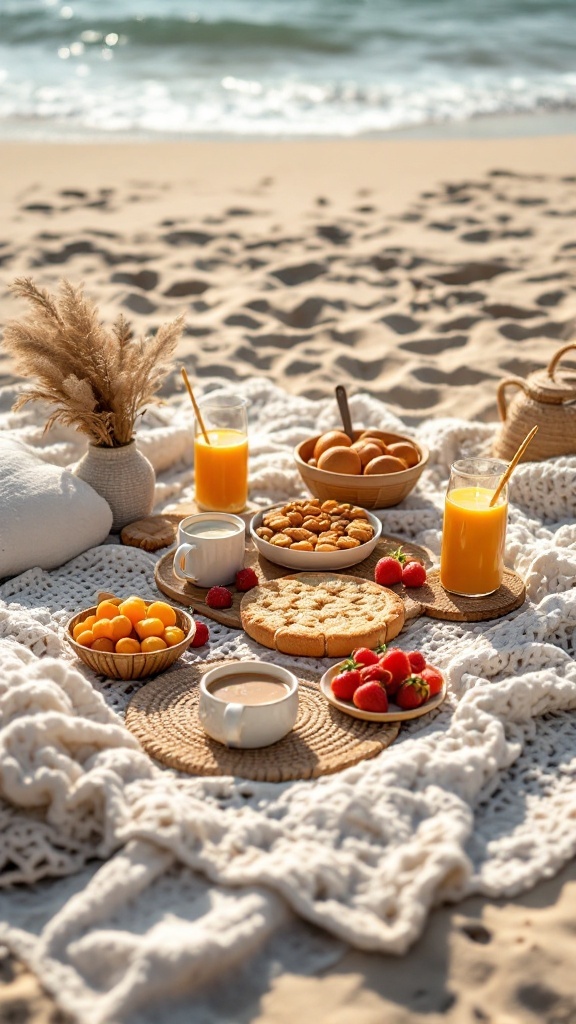 Crochet beach picnic setup with snacks, drinks, and a cozy blanket.