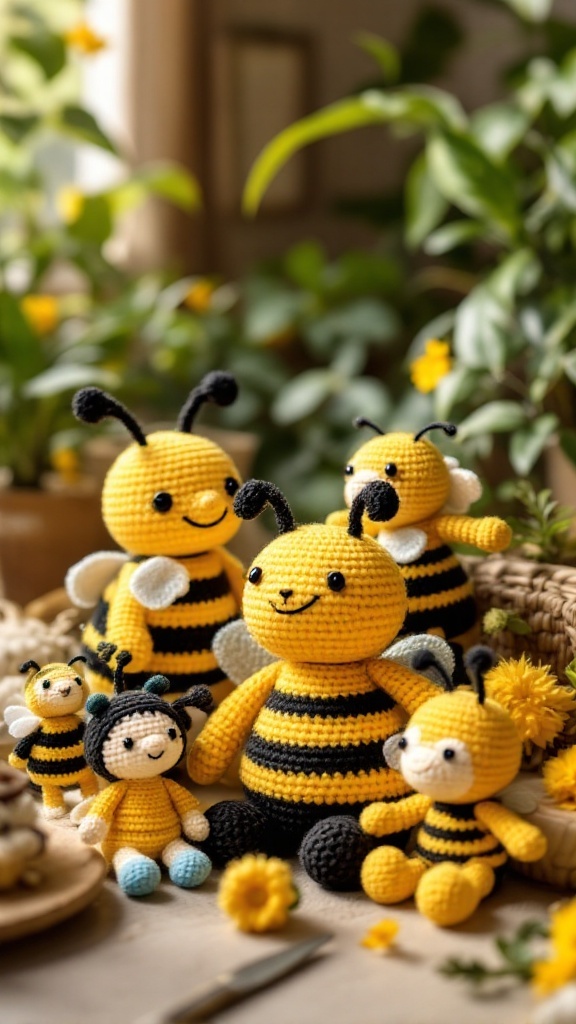 A collection of crocheted bees and a bee character, showcasing bright yellow and black stripes.