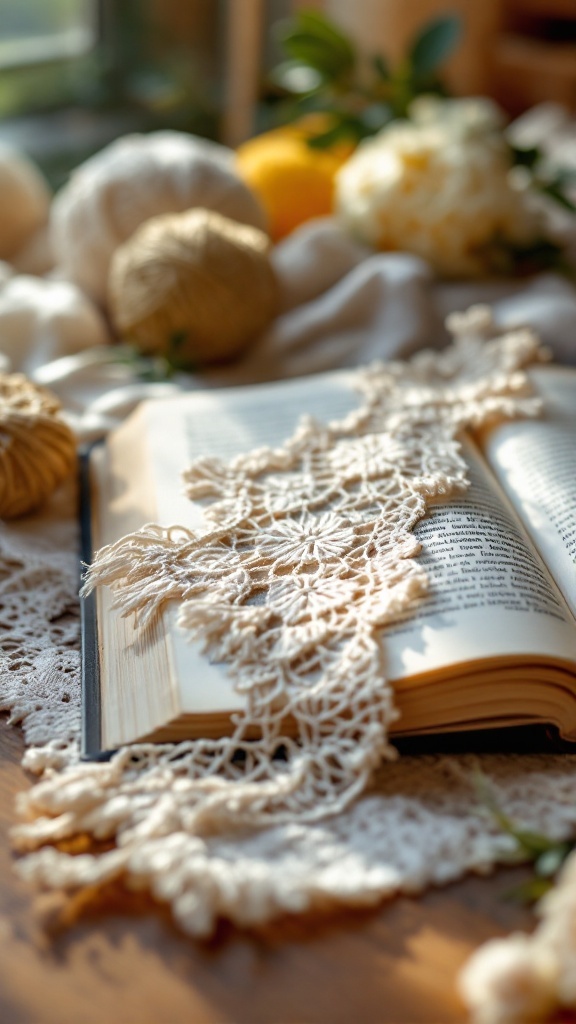 Crochet bookmark on an open book with yarn and flowers in the background