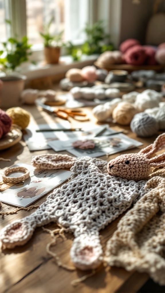 A crafting workspace with yarn and a partially completed crochet bunny.