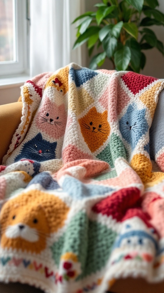 A colorful crochet cat blanket featuring various cat faces on a cozy throw.