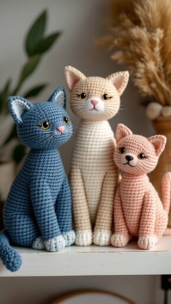 A crochet family of three cats in blue, cream, and pink colors, displaying cute expressions and unique features.