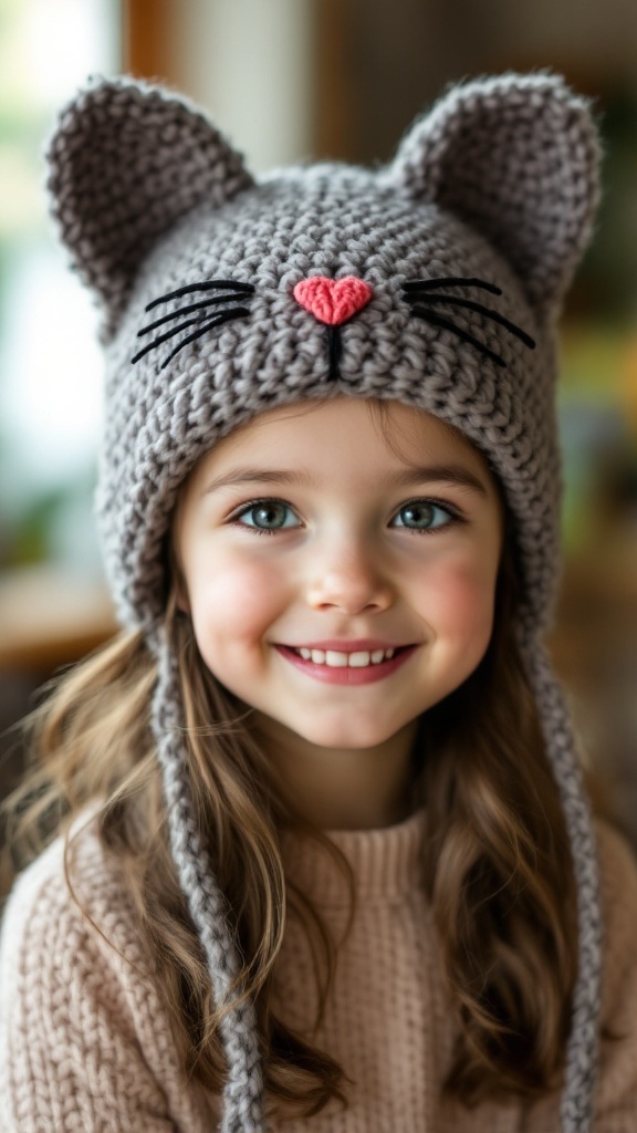 A smiling child wearing a gray crochet cat hat with ears and a pink nose.