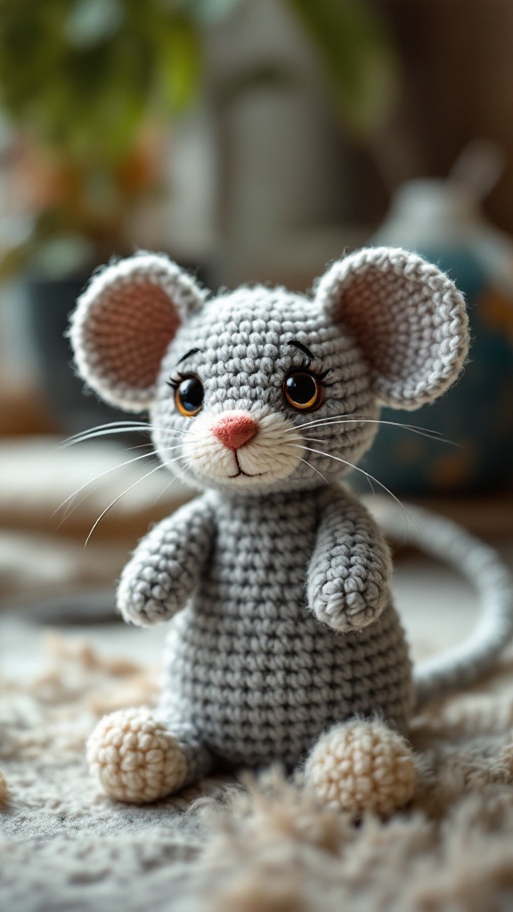 A cute gray crochet mouse toy with large eyes and a pink nose, sitting on a cozy surface.